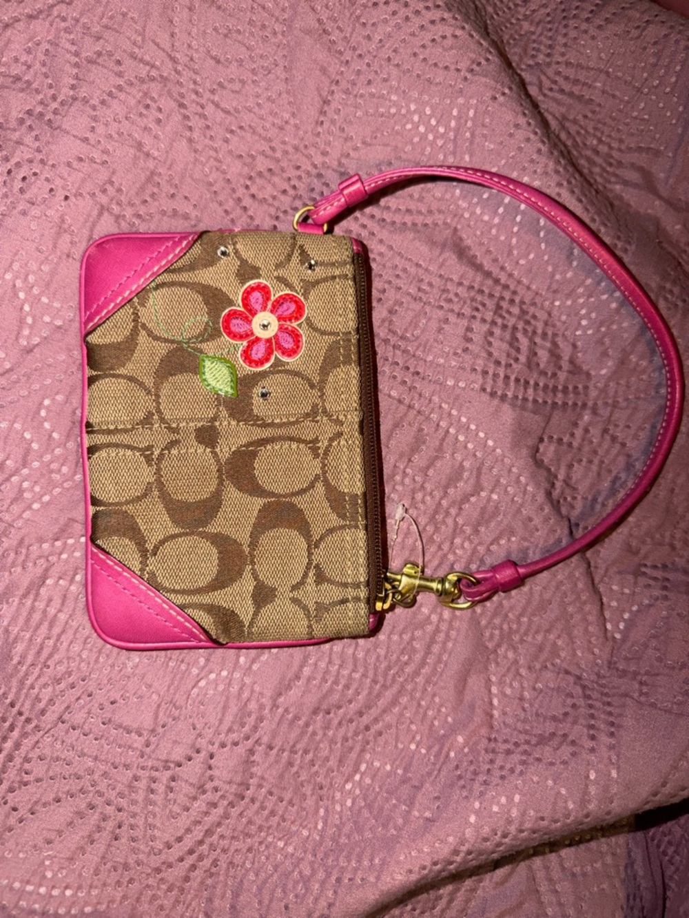 Coach Brown Signature Canvas Wristlet with Pink Trim and Flower